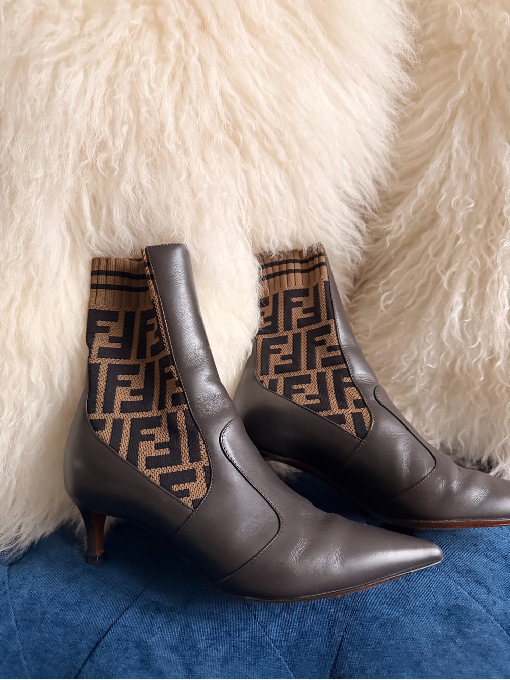 Fendi Leather Brown Ankle Booties with Monogram Knit Panel